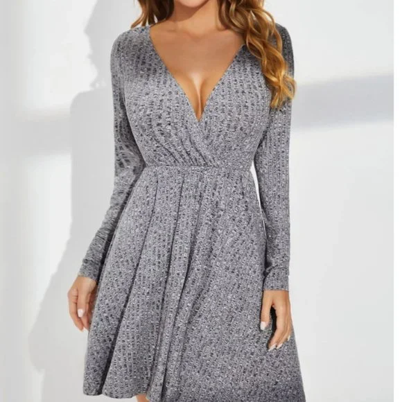 Gray V Neck Rib Knit Dress 50% OFF - Picture 3 of 6